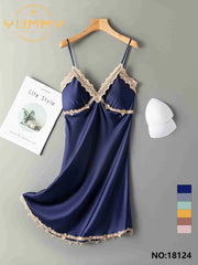 Leona Silk Padded Long Sleepwear Lingerie – Elegant One-Piece Intimates (18124)