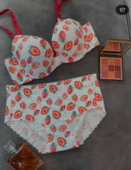 Women’s Strawberry Print Padded Wired Bra Set with Seamless Panty