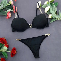 Luxury Black Padded Bra & Panty Set Elegant Gold Chain Strap Lingerie