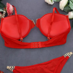 Luxury Red Padded Bra & Panty Set Glamorous Gold Chain Strap Lingerie