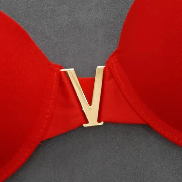 Luxury Red Padded Bra & Panty Set Glamorous Gold Chain Strap Lingerie