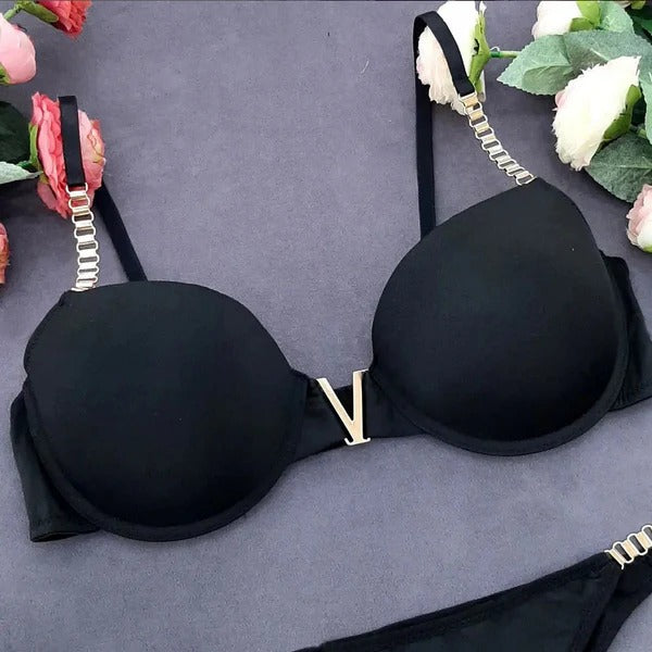 Luxury Black Padded Bra & Panty Set Elegant Gold Chain Strap Lingerie